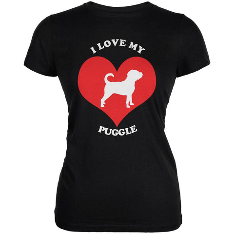 Valentines I Love My Puggle Black Juniors Soft T-Shirt